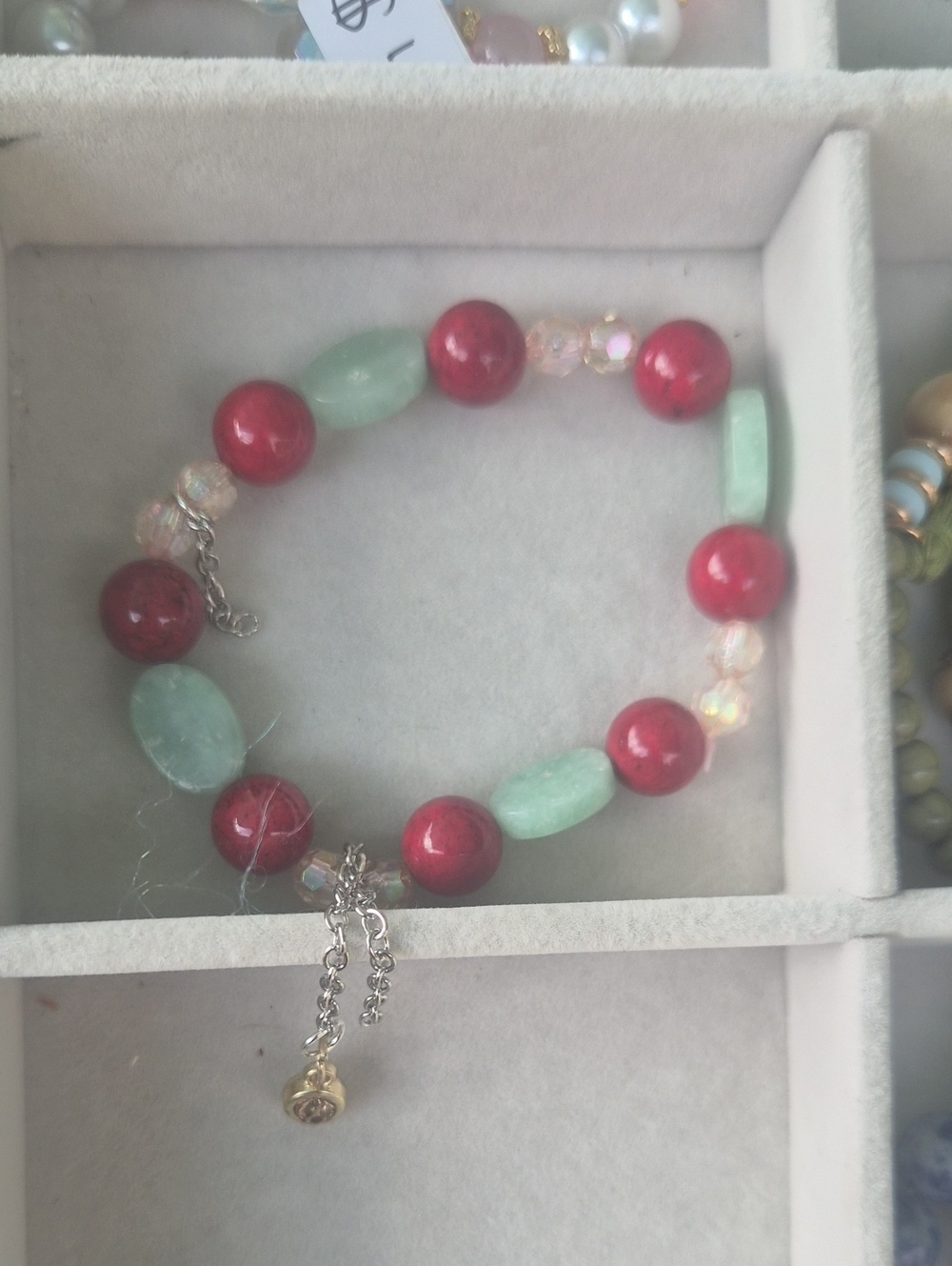 Red and Mint Beaded Stretch Bracelet - Ladies Fashion Jewelry